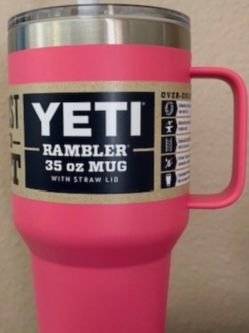 Yeti Rambler 35 oz Mug Pink with Stainless Steel Rim